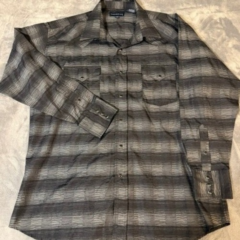 Panhandle Slim Mens Grey Black Striped Western Pearl Snap L/S Shirt Size 17x35